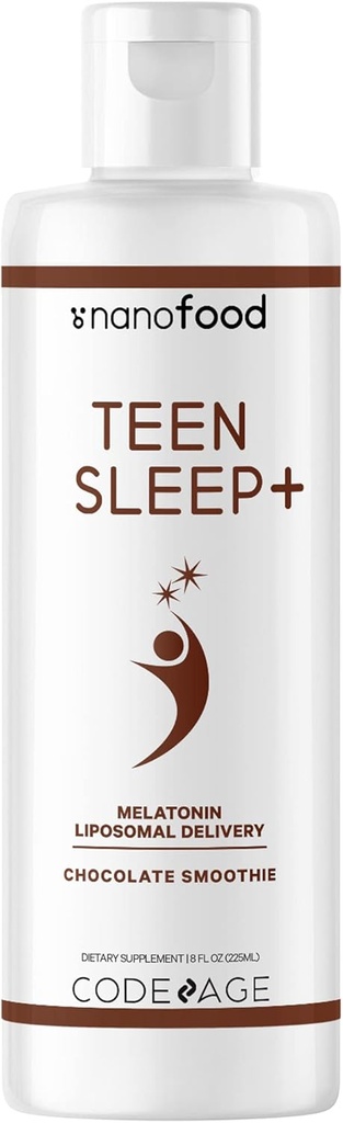 Codeage Teen Liposomale Sommeil + supplément de mélatonine liquide pour adolescents, vitamine E, complexe phospholipide, gouttes de chocolat végétalien, non-OGM, sans sucre, 3 mois-Supplément, 90 portions, 8 fl oz