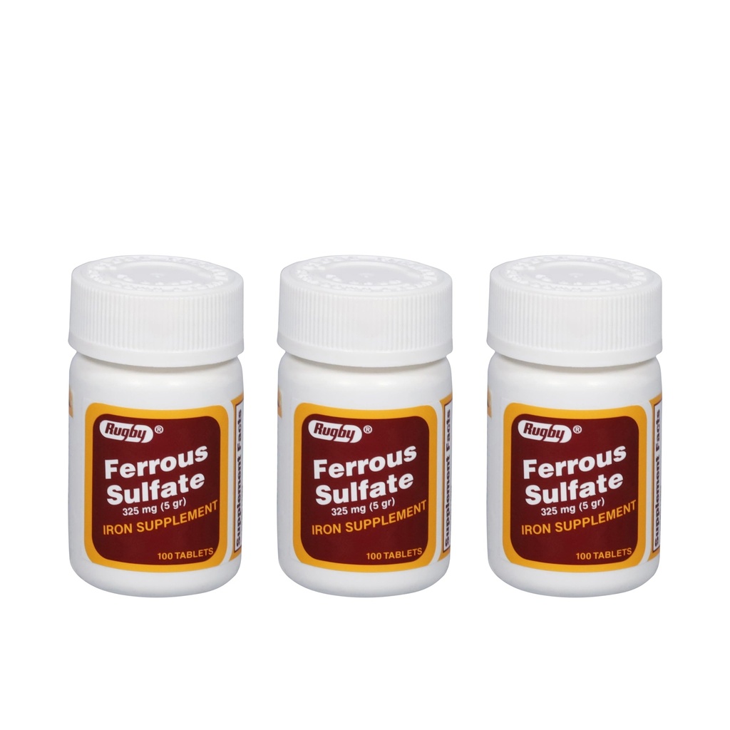 Rugby Sulfate de fer 325mg Comprimés - Supplément de fer pour les femmes et les hommes - 100 Compte (3 Pack)