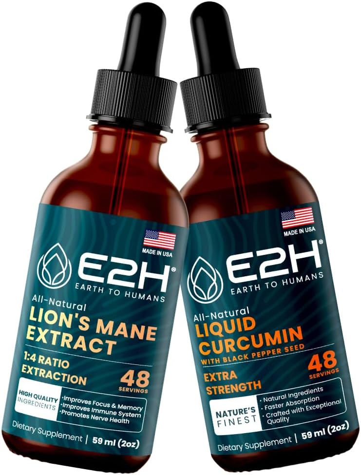 E2H: Lion's Mane for Mental Clarity & Immunity, Turcuma liquide pour le soutien conjoint.
