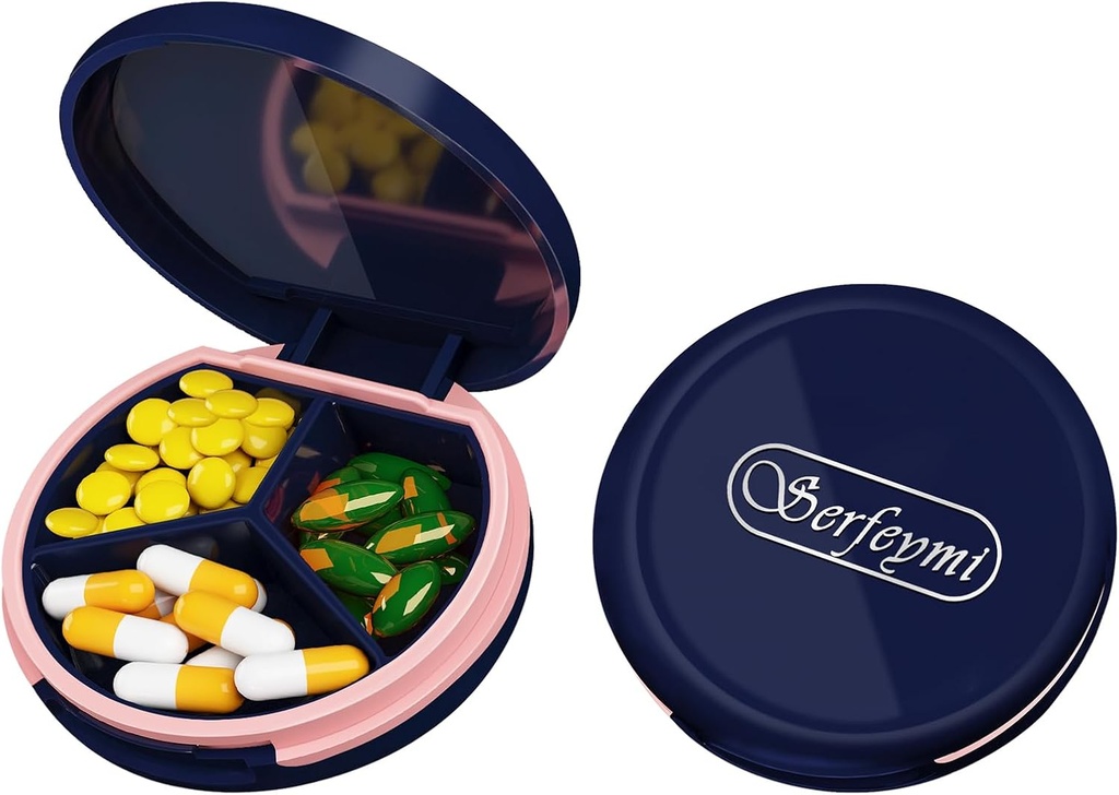 Serfeymi Petite Pill Box - 3 compartiments Portable Pill Box pour la poche de la Purse, Compact Mini Travel Pill Case - Convient pour la médecine, la vitamine, l'huile de poisson, suppléments - Bleu foncé(Logo)