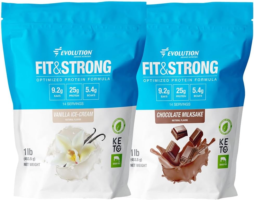 Evolution Advance Nutrition Fit & Strong - Poudre de protéines de lactosérum pur avec BCAA, Saveur naturelle – 2 livres (Vanilla) + Fit & Strong- Poudre de protéines de lactosérum pur avec BCAA – 2 livres (Chocolate)