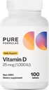 PureFormulas Vitamine D3 1 000 UI 25 mcg - Supplément Vitamine D Premium pour la formation des os sains, les dents, la santé cardiovasculaire, et le soutien immunitaire Non-OGM - 100 Comprimés de comptage