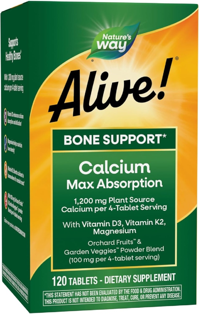La nature est vivante ! Calcium Max Absorption, soutien osseux*, source végétale Calcium, vitamine D3 et K2, magnésium, 120 comprimés (paquetage mai Vary)