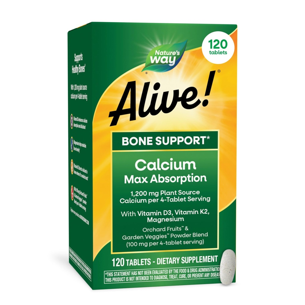 La nature est vivante ! Calcium Max Absorption, soutien osseux*, source végétale Calcium, vitamine D3 et K2, magnésium, 120 comprimés (paquetage mai Vary)