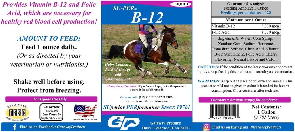 SUPER B-12 Supplément pour chevaux énergétiques - Vitamines équidés B-12 et B-9 Support de l'acide folique Liquide - Production de globules rouges et support de l'endurance pour la performance maximale - Gallon, approvisionnement de 4 mois (120 jours)