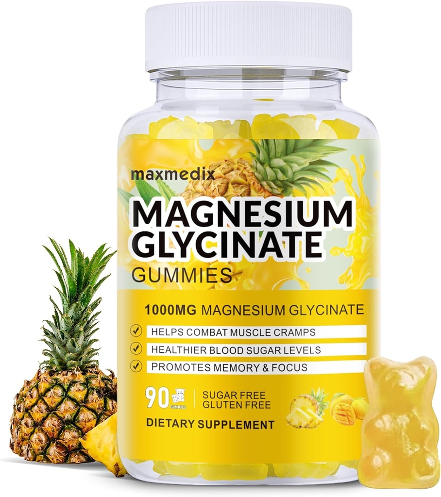 Glycinat de magnésium Gommies 1000mg, suppléments de potassium de magnésium sans sucre à mâcher pour adultes avec L-Thréonate pour le sommeil, le soutien corporel et la relaxation,90 Gummées d'ananas de mangue