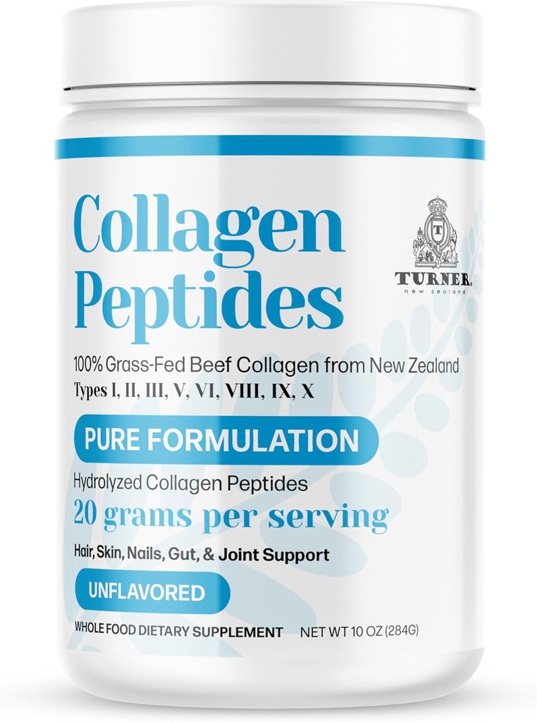 TURNER Collagen Peptides Poudre Pure Formulation, 100 % de viande de boeuf d'herbe Collagène de Nouvelle-Zélande, Sans saveur, 10 oz