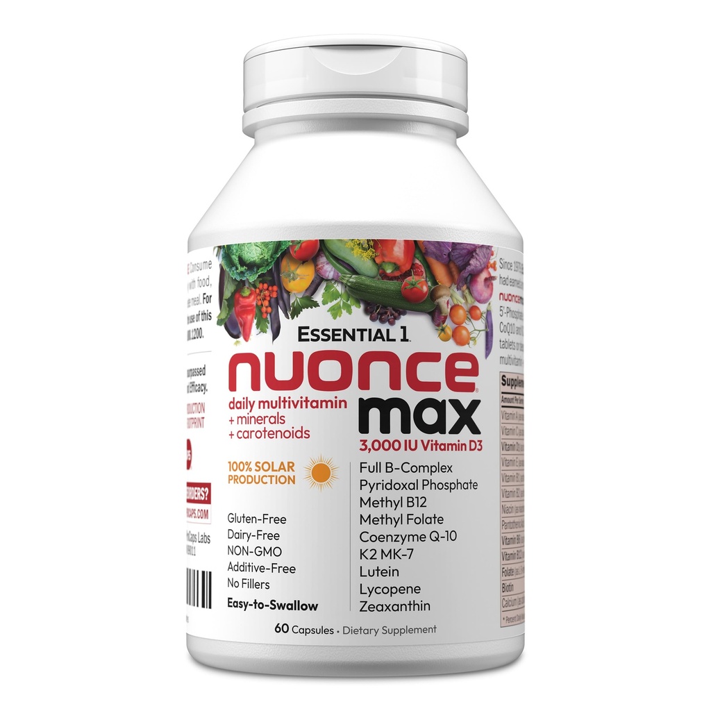 ANDREW MOINSMAN Essential-1 nuonce max Multivitamine 3000 UI Vitamine D3 60 Petites Capsules. 100 mcg Méthyl B12. CoQ10 Lutéine Lycopène Zeaxanthin. Haute puissance. Pas d'additifs. Une gélule quotidienne ultra-mince
