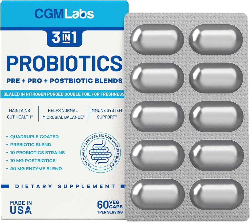 Probiotiques 3 en 1 - Prébiotiques + Probiotiques + Postbiotiques Tout en un ! Purgé d'azote, emballé individuellement dans une plaque à double feuille pour la fraîcheur - 60 capsules de légumes par CGM Labs
