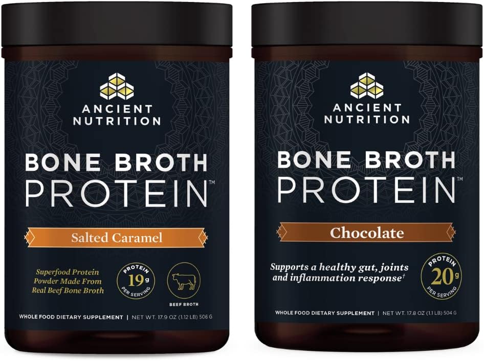 Ancient Nutrition Bone Broth Protein Powder, Salted Caramel, 20 Servings + Bone Broth Protein Powder, Chocolate, 20 Servings