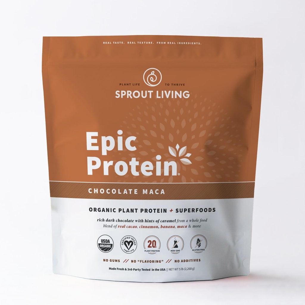 Sprout Living Protéine épique, Protéines végétales et superaliments Poudre, Chocolate Maca Poudre de 20 grammes de poudre de protéines organiques, végétalien, non laitière, non-OGM, sans gluten, faible sucre (5 livres, 60 portions)
