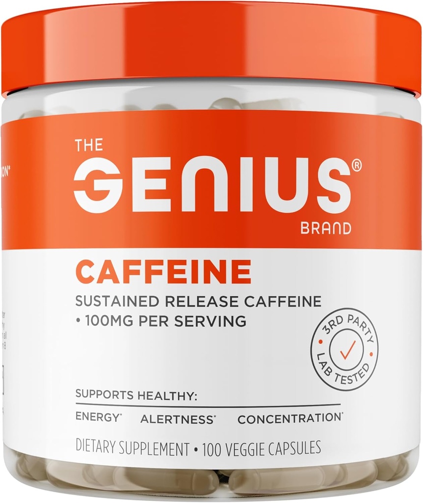 Genius Caféine - Pilules de caféine microencapsulées à libération prolongée pour une énergie et une mise au point fluides et durables - Pas de jitters ou de crash - 100mg par gélule - 100 portions - Booster de performance naturelle