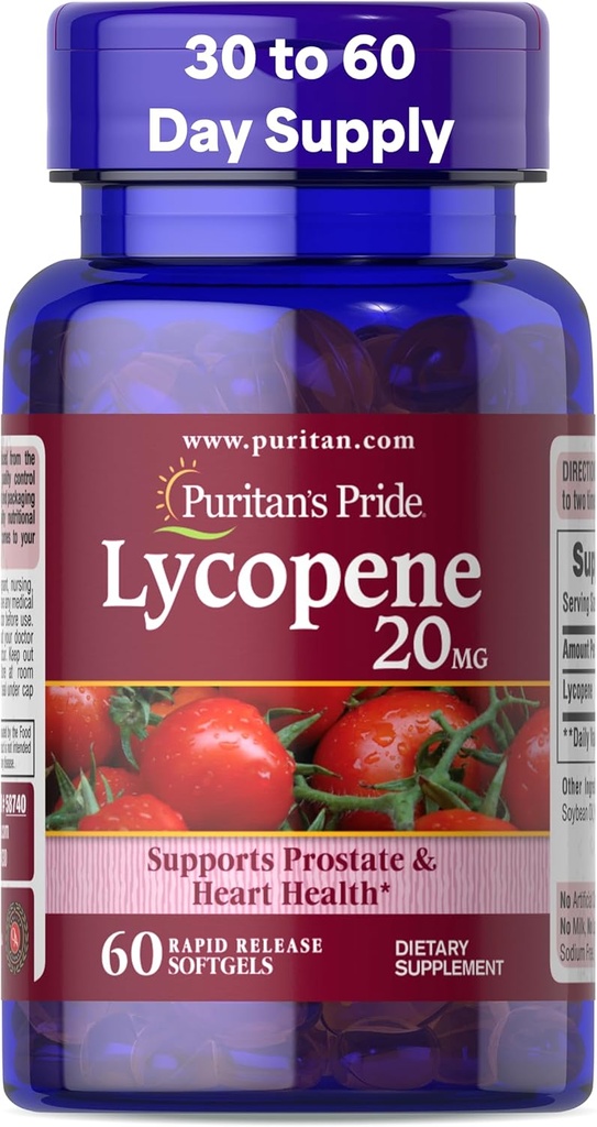 Puritan's Pride Premium Lycopene 20mg, complément alimentaire pour la prostate, l'antioxydant, la santé cardiaque et le soutien sanitaire global, 1 mois d'approvisionnement, 60 softgels à libération rapide