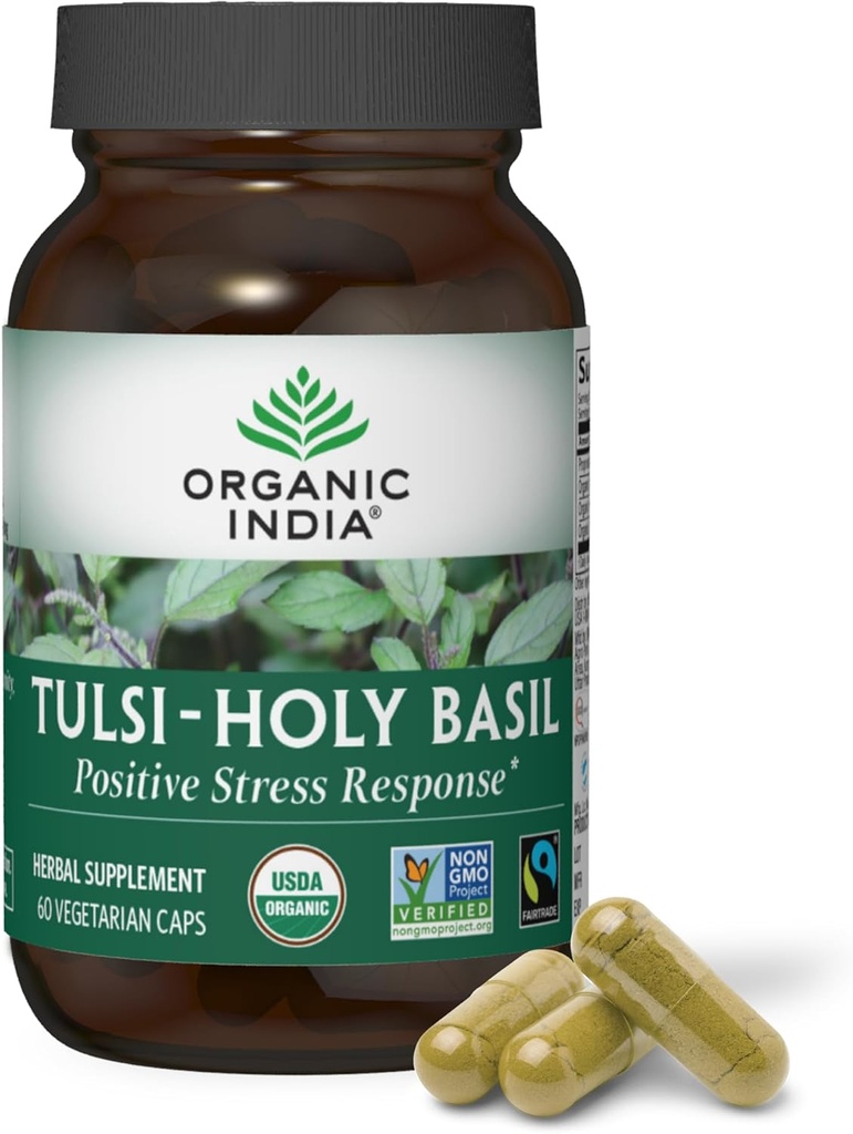 INDE ORGANIQUE Tulsi Capsules de Basilic Saint - Extrait de Basilic Saint - Supplément de Feuille de Basilic Saint, Supplément à base de plantes, Soutien immunitaire, Stress Relief, Vegan, Sans gluten, Casher, Organique, Non-OGM - 60 Capsules