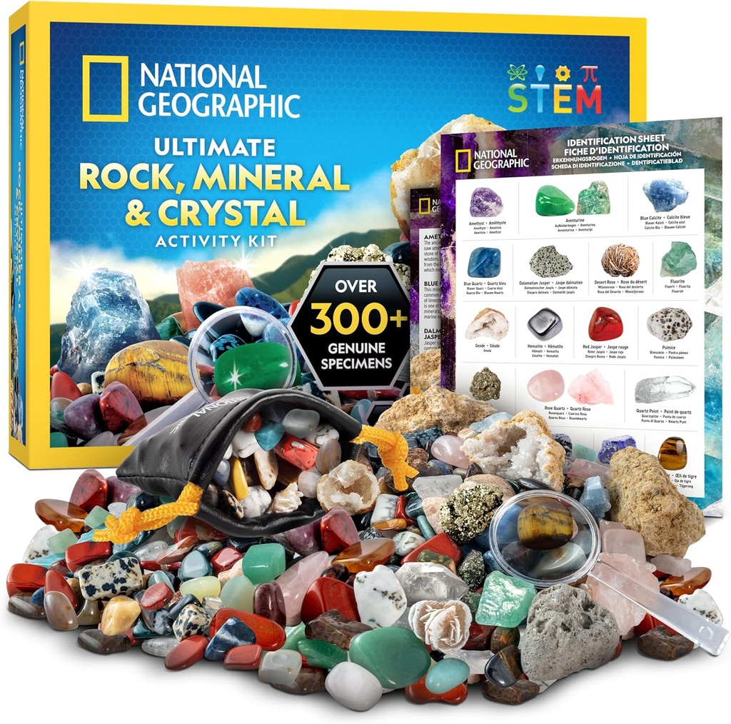 National Geographic Rock Collection Box for Kids – Ensemble de pierres précieuses et de cristaux de 300 pièces comprenant des géodes et de vrais cristaux, des roches et des minéraux, kit scientifique pour les enfants, un cadeau de géologie pour les garçons et les filles