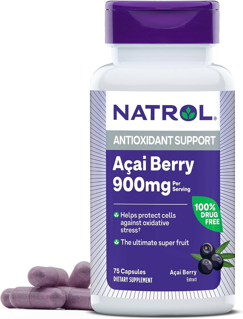 Natrol Acai Berry 900 mg par portion, supplément alimentaire pour le soutien antioxydant, 75 capsules, 37 jours d'approvisionnement