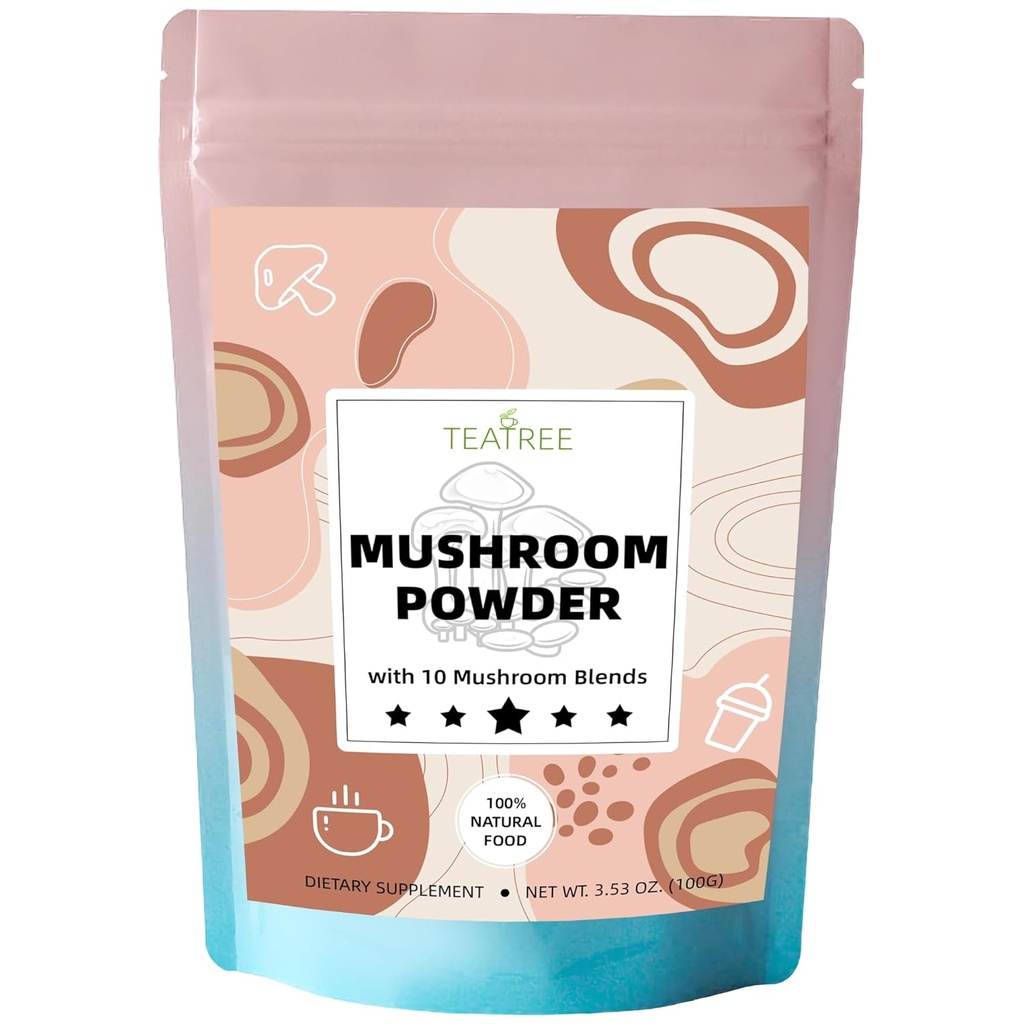 10 Mushrooms Extract Powder, Mushroom Supplement Blend for Coffee, Beverages & Smoothies, Natural Focus, Energy & Immune Support Supplement - 3.53 oz / 100g