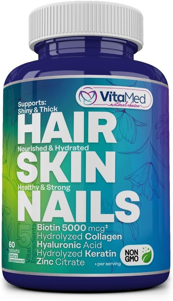 VitaMed Cheveux, peau et ongles – Biotine 5000 mcg, collagène, OptiMSM, kératine, acide hyaluronique et silice soutient la croissance des cheveux, peau radiante, ongles forts.