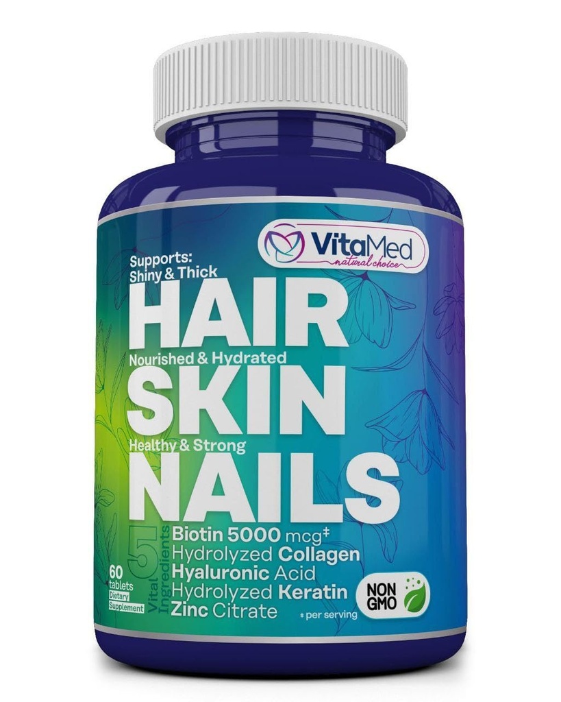 VitaMed Hair Skin and Nails Vitamins – Biotin 5000mcg, Collagen, Hyaluronic Acid – Supports Hair Growth, Strong Nails & Glowing Skin – Keratin, Vitamins C, E, B6 – 60 Tablets (3-Pack Available)