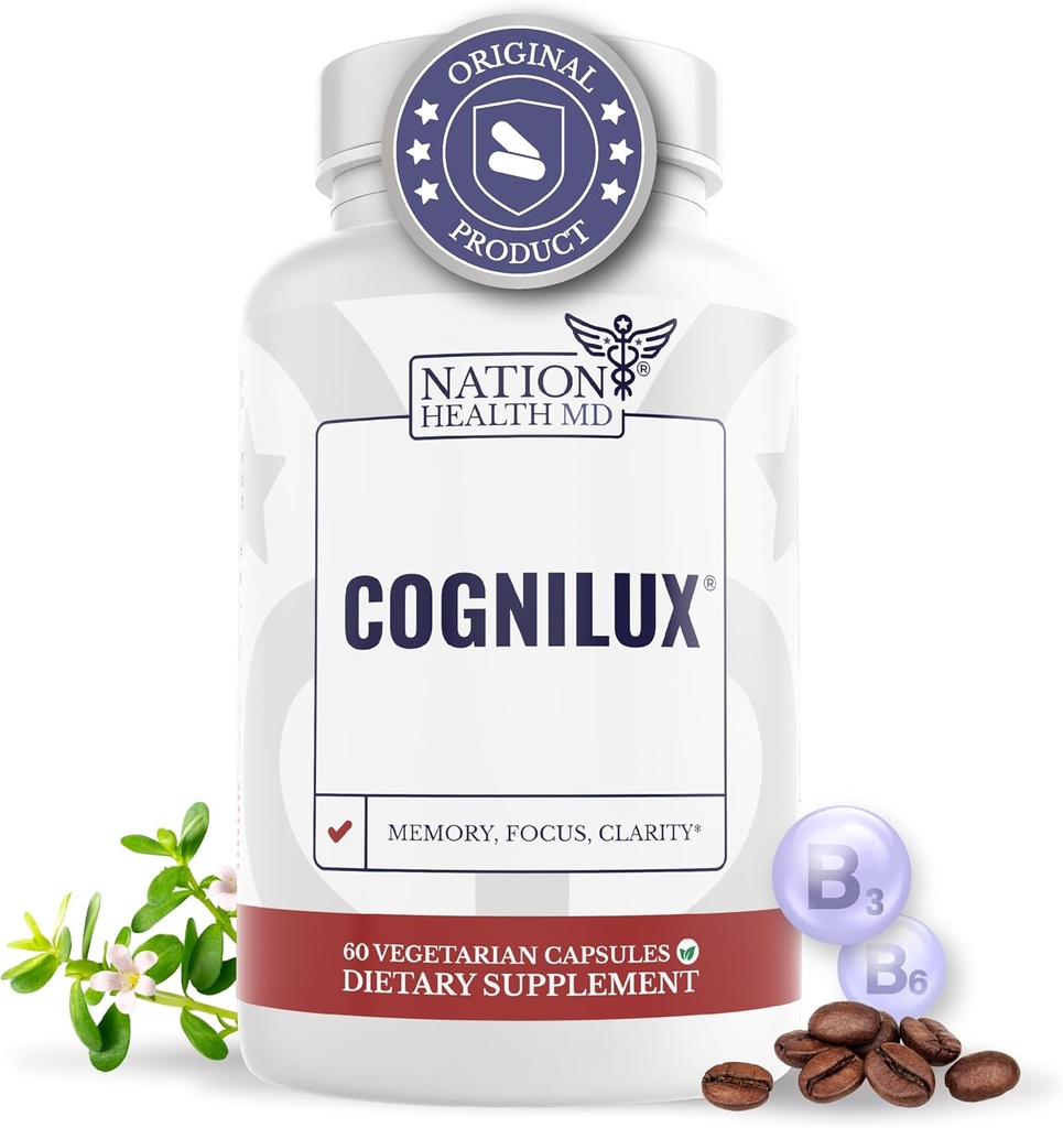 Cognilux - Suppléments Cerveau pour la Mémoire et la Focus - Supplément Nootropic Focus avec Niacine, Vitamine B6, GABA et plus - Supplément Mémoire pour le cerveau, la santé du cerveau, 60 Capsules