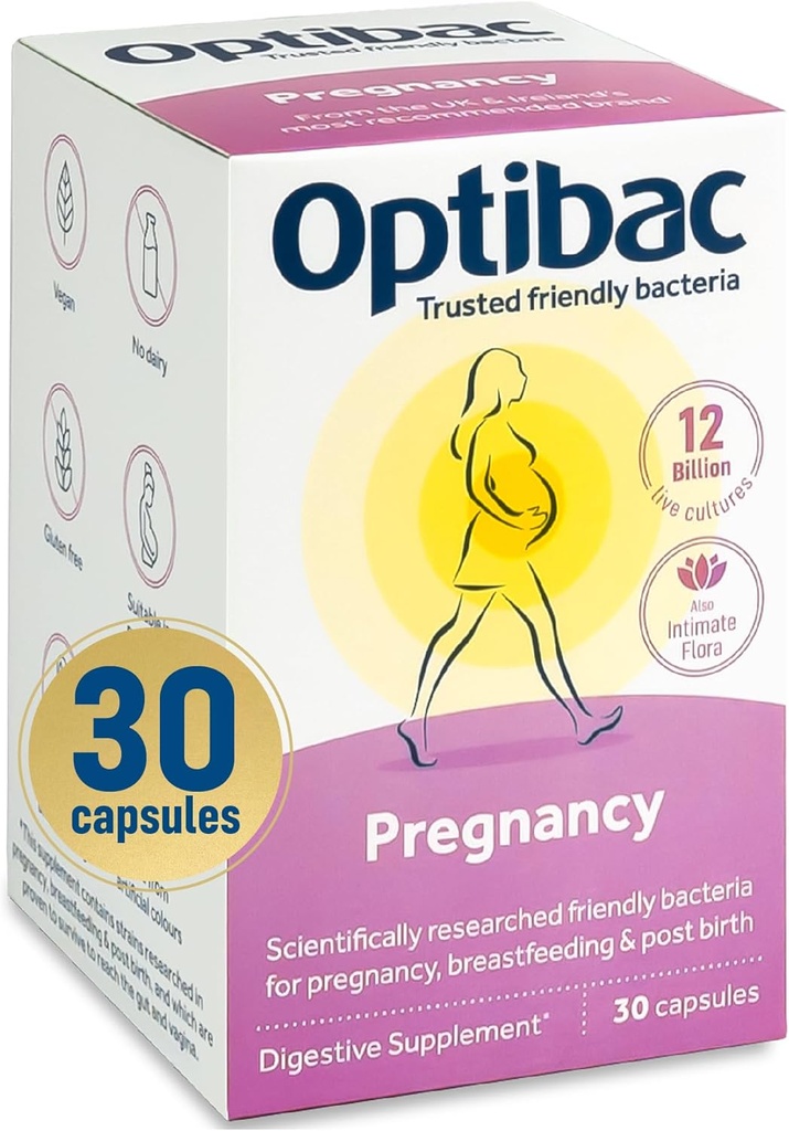 Optibac Probiotiques Grossesse - 12 milliards CFU et fibres FOS, supplément probiotique végétalien pour femmes enceintes et allaitantes, 30 capsules