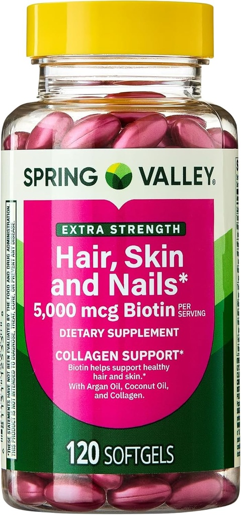 Spring Valley Extra Strength Hair, Skin, & Nails Collagen Support Softgels, 5000 mcg Biotin, 120 Compte, Biotin pour les cheveux Nail Soutien de la peau, Vitamines pour les femmes
