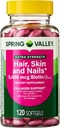 Spring Valley Extra Strength Hair, Skin, & Nails Collagen Support Softgels, 5000 mcg Biotin, 120 Compte, Biotin pour les cheveux Nail Soutien de la peau, Vitamines pour les femmes