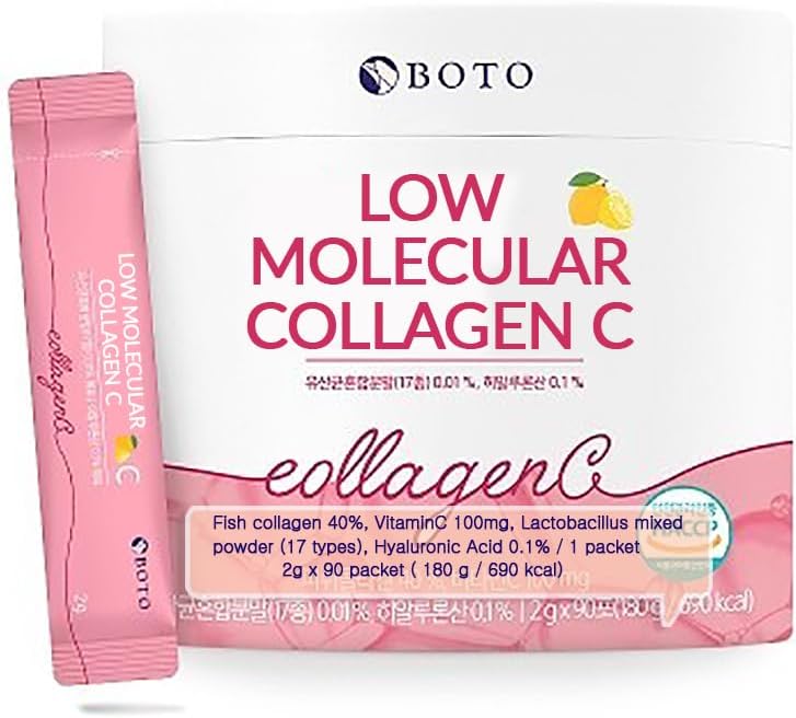 BOTO Low Collagen C - Supplément en poudre de collagène coréen avec acide hyaluronique et vitamine pour l'articulation des ongles de peau, aromatisé citron - pour 3 mois - 90 paquets