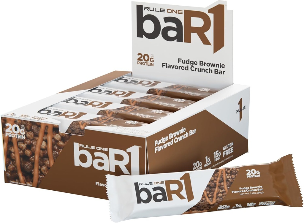 Règle 1 baR1 Barre de croûte - Barres pratiques de snack protéinique avec 20g de protéines premium, naturellement emballées avec des AEA/BAAA, fibre de remplissage de la faim (12 Count Box, Fudge Brownie)