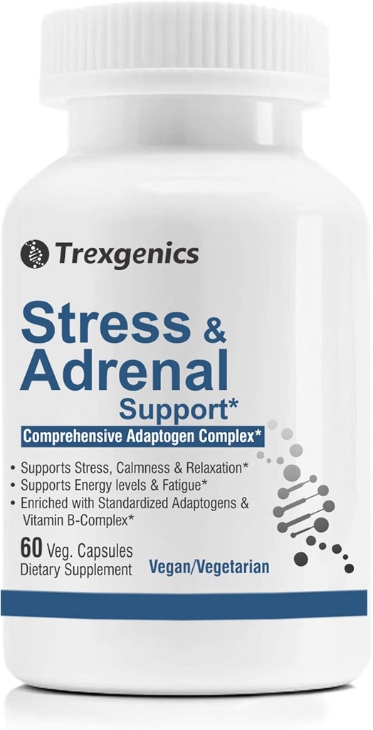 Trexgenics Stress avancé et support adrénal 5X ADAPTOGENS Ashwagandha, Rhodiola, Bacopa Bacosides, Panax Ginseng & Maca + B-Complex(60 Capsules de Veg)