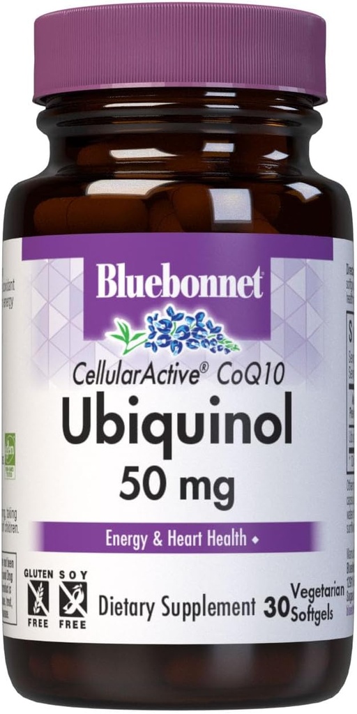 Bluebonnet Nutrition Cellulaire actif CoQ10 Ubiquinol 50 mg softgels végétariens, santé cardiaque et santé cellulaire, Ubiquinol de Kaneka, non OGM, sans gluten, sans soja, sans lait, 30 softgels végétariens