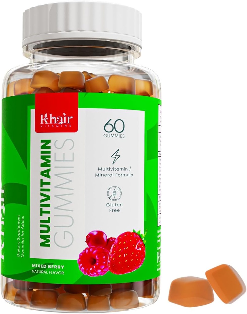 Phair Halal Multivitamines pour adultes Gummy - Vegan, Non-OGM - Sans gluten, Sans gélatine - Vitamines essentielles : Vitamine A E C D B12 et Vitamine B6 Vitamines halales - 60 Gummies