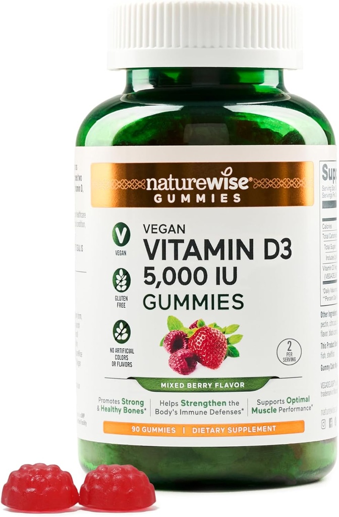 NatureWise Vitamine D3 5000 UI Gommies - Mélange d'arômes de baies - Vegan D de Lichen, Pectine à base, Immune Support pour les adultes, Muscle et forces osseuses - Sans gluten, non-OGM - 90 Compte[45 jours]