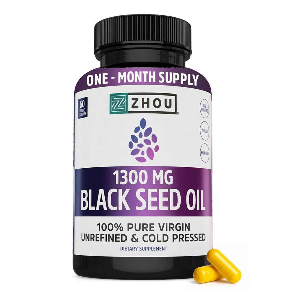 ZHOU Black Seed Oil Capsules - Black Cumin Seed Oil Cold Pressed, Nigella Sativa, Pure Inaffined Blackseed, Supplément Premium pour la santé, les cheveux et la peau avec/Thymoquinone - 60 capsules (Pack of 1)