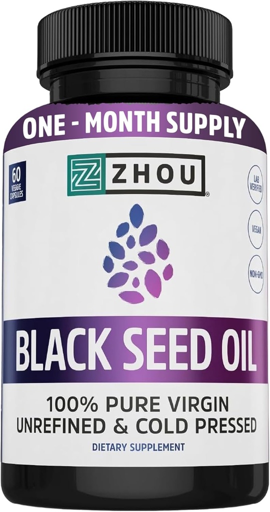 ZHOU Black Seed Oil Capsules - Black Cumin Seed Oil Cold Pressed, Nigella Sativa, Pure Inaffined Blackseed, Supplément Premium pour la santé, les cheveux et la peau avec/Thymoquinone - 60 capsules (Pack of 1)