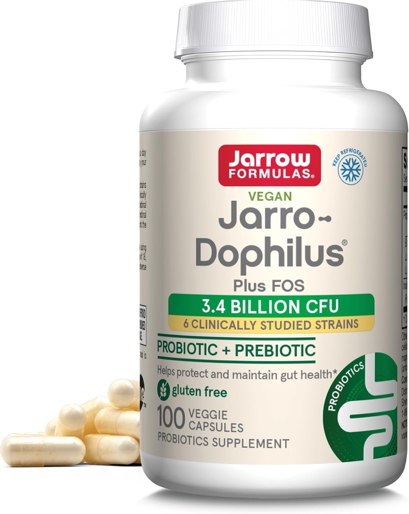 Jarrow Formulas Jarro-Dophilus + FOS - 3.4 Billion Organisms Per Serving - 100 Veggie Caps - Prebiotic & Probiotic - Nutritional Support to Beneficial Bacteria - Up to 100 Servings
