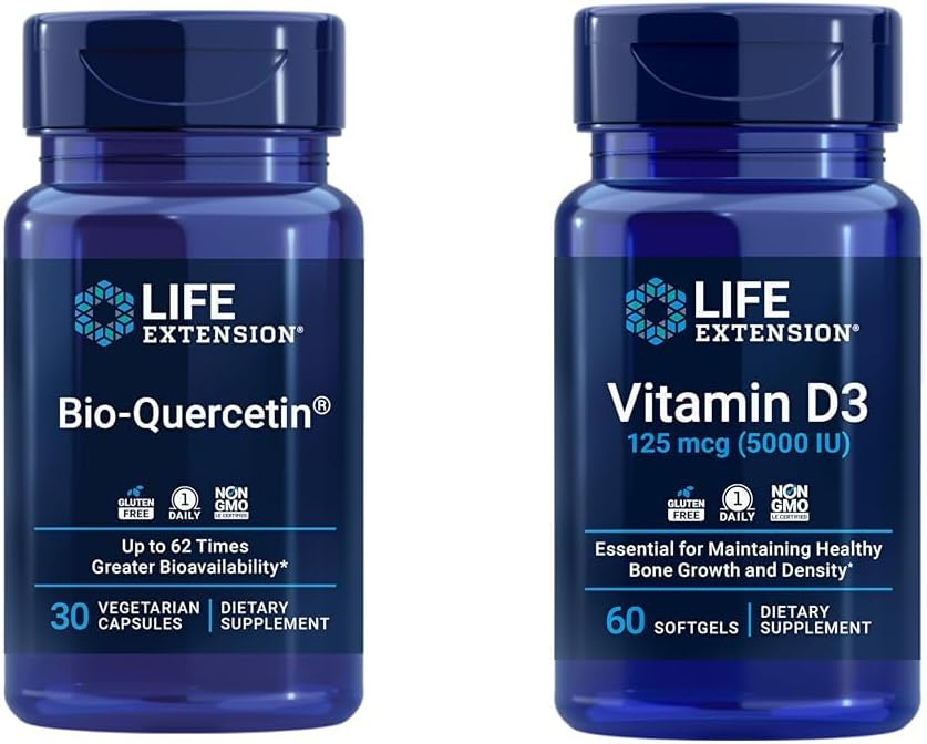 Prolongation de la vie Bio-Quercetine Immune et santé cardiaque Antioxydant 30 capsules + vitamine D3 5000 UI 60 Softgels