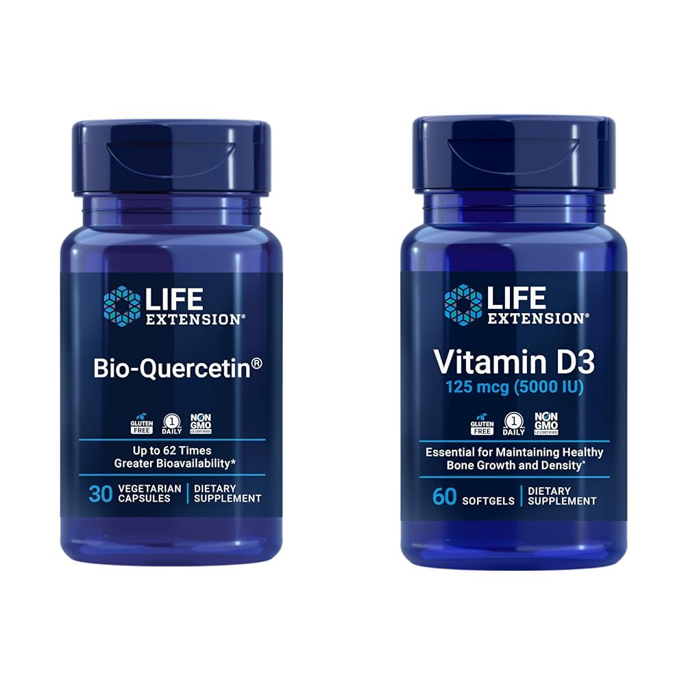 Prolongation de la vie Bio-Quercetine Immune et santé cardiaque Antioxydant 30 capsules + vitamine D3 5000 UI 60 Softgels