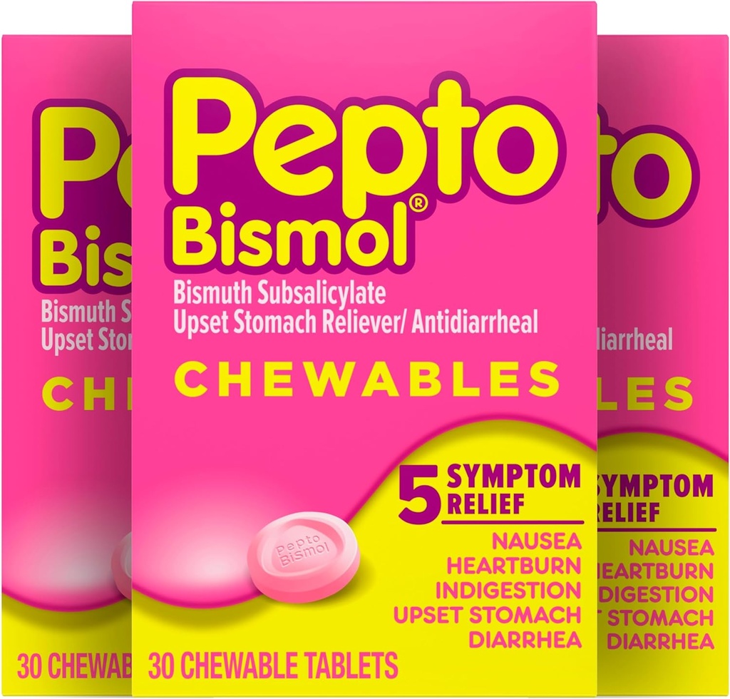 Comprimés à mâcher Pepto Bismol pour nausées, brûlures d'estomac, indigestion, estomac relevé et soulagement de la diarrhée, saveur originale, 90 Total (3 paquets de 30)