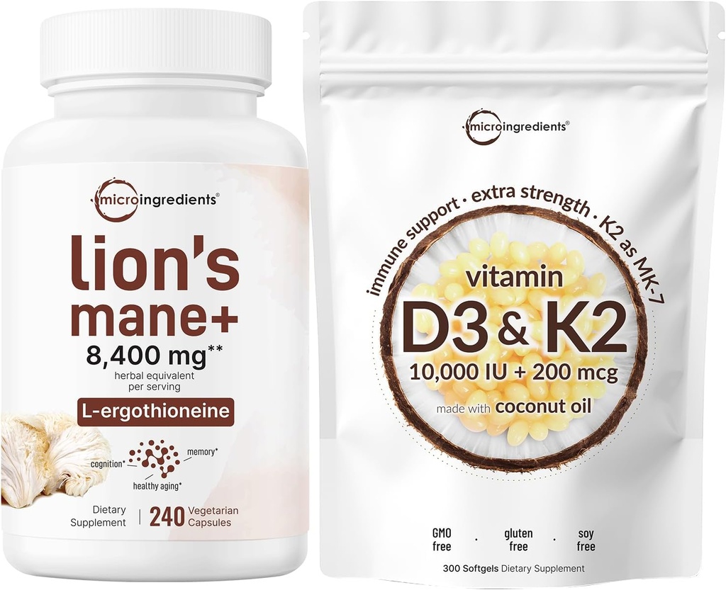 Micro-ingrédients Vitamine D3 10 000iu + K2 200mcg Huile de coco Softgels & Lions Mane Supplément 240 Capsules de légumes Bundle 2 Pack