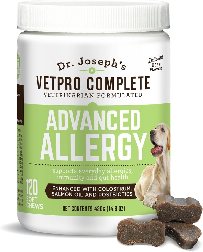 VetPro Advanced Allergy and Ditch Support for Dogs - Supports Allergies saisonnières, peau de démangeaison et immunité - Enhanced with Salmon Oil, Probiotics & Colostrum for Allergies, Immune Support, & Gut Health