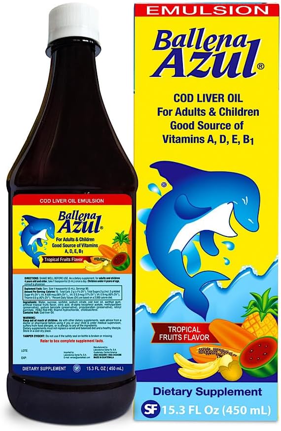 Ballena Azul Aceite de Hígado de Bacalao para Adultos y Niños, huile de foie pour adultes et enfants, bonne source de vitamines, supplément alimentaire, Oméga 3 (fruits tropicaux 15 OZ)