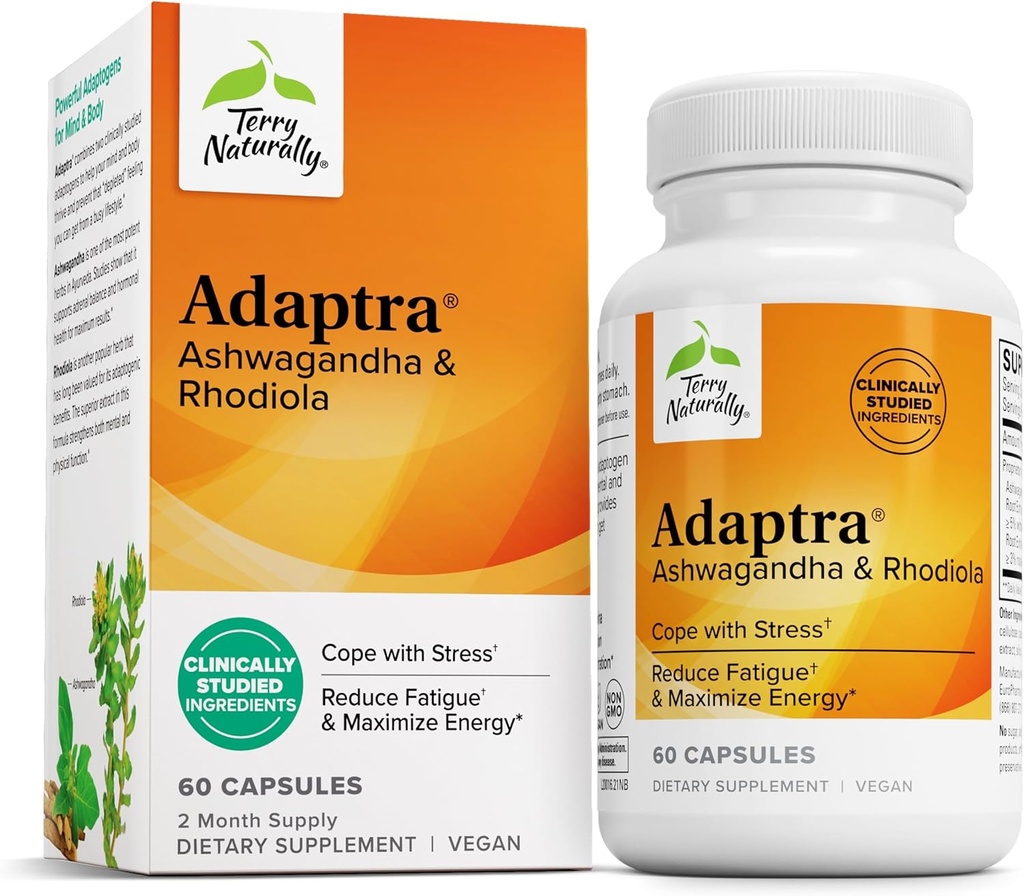 Terry Naturally Adaptra - Supplément pour soutenir la santé adrénale - Supplément Ashwagandha avec Rhodiola Rosea Extract - Supplément à base de plantes pour soutenir l'énergie et la concentration - 60 capsules