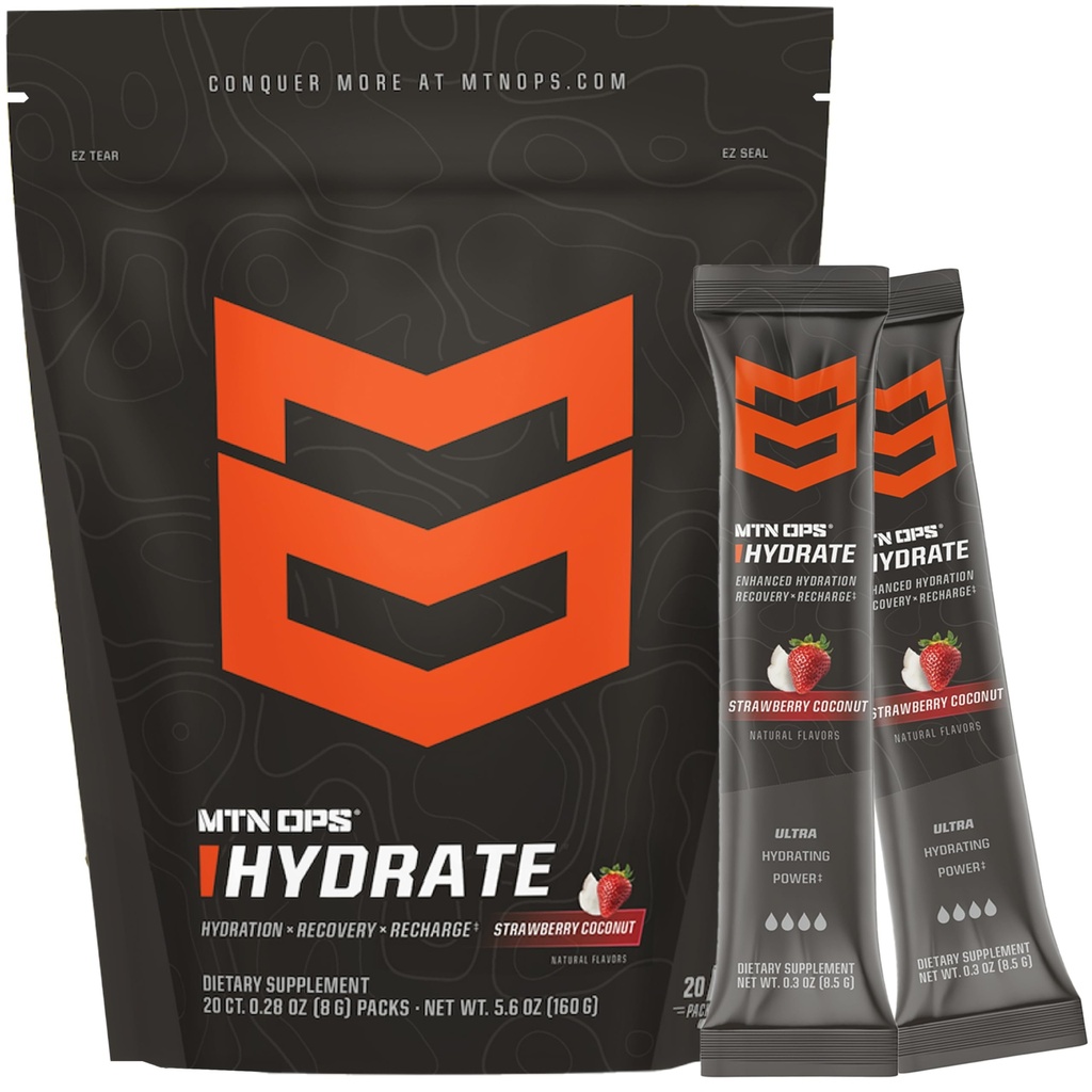 MTN OPS Hydrate Electrolytes Mélange de poudre, 20 boîtes d'électrolytes à usage unique avec plus de 1000mg d'électrolytes par portion, noix de coco fraise