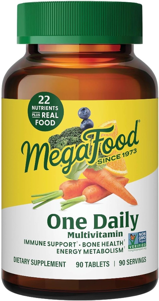 MegaFood One Multivitamine quotidienne - Multivitamine pour les femmes et les hommes - avec des aliments réels - Supplément de soutien immunitaire - Vitamine C et vitamine B - Santé des os - Métabolisme énergétique - Végétarien, non-OGM - 90 onglets