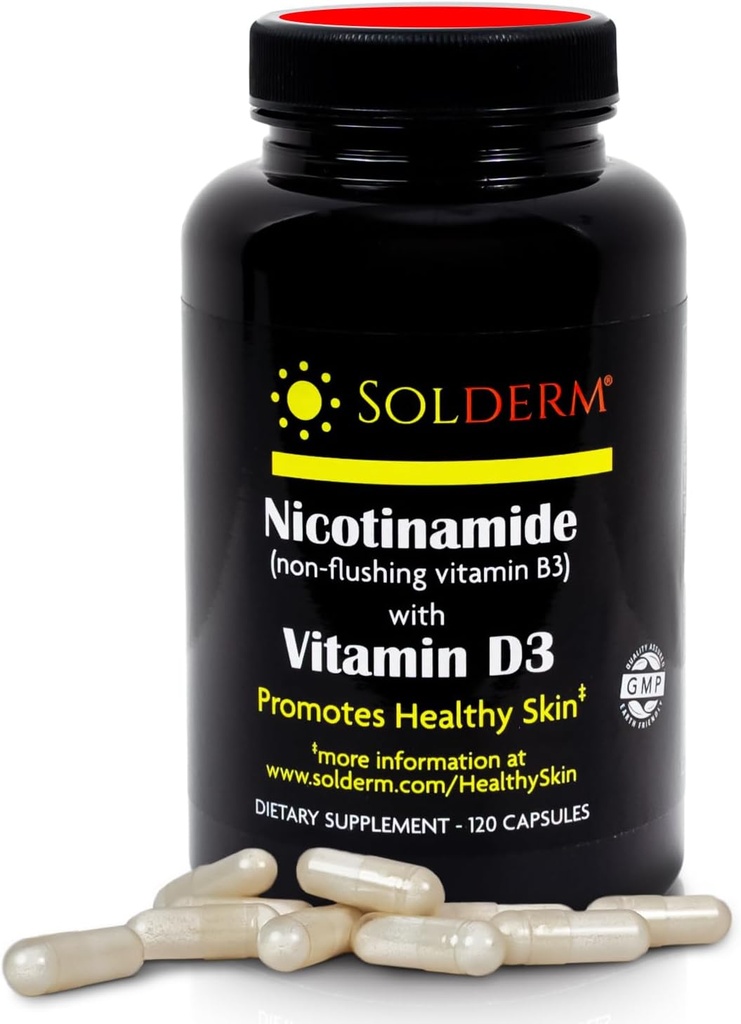 Nicotinamide Vitamine B3 et supplément D3 sans gluten et sans gluten Le supplément de nicotinamide oral avec des cas de cellulose végétale favorise la santé de la peau 60 Capsules