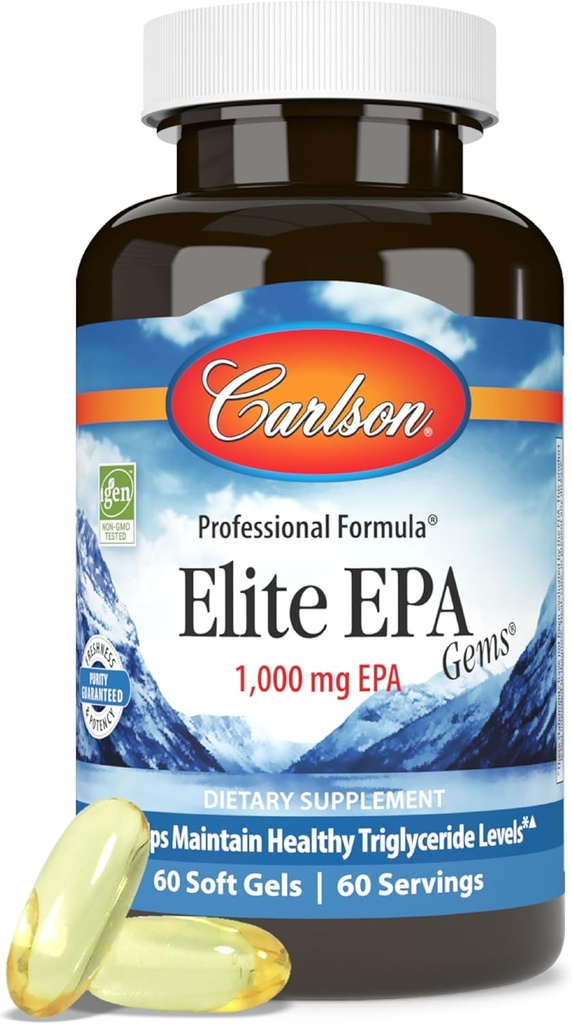 Carlson - Elite EPA Gems, 1000 mg EPA Huile de poisson, Wild-Caught, supplément d'huile de poisson norvégien, source durable, aide à maintenir des niveaux de triglycérides sains, 60 Softgels