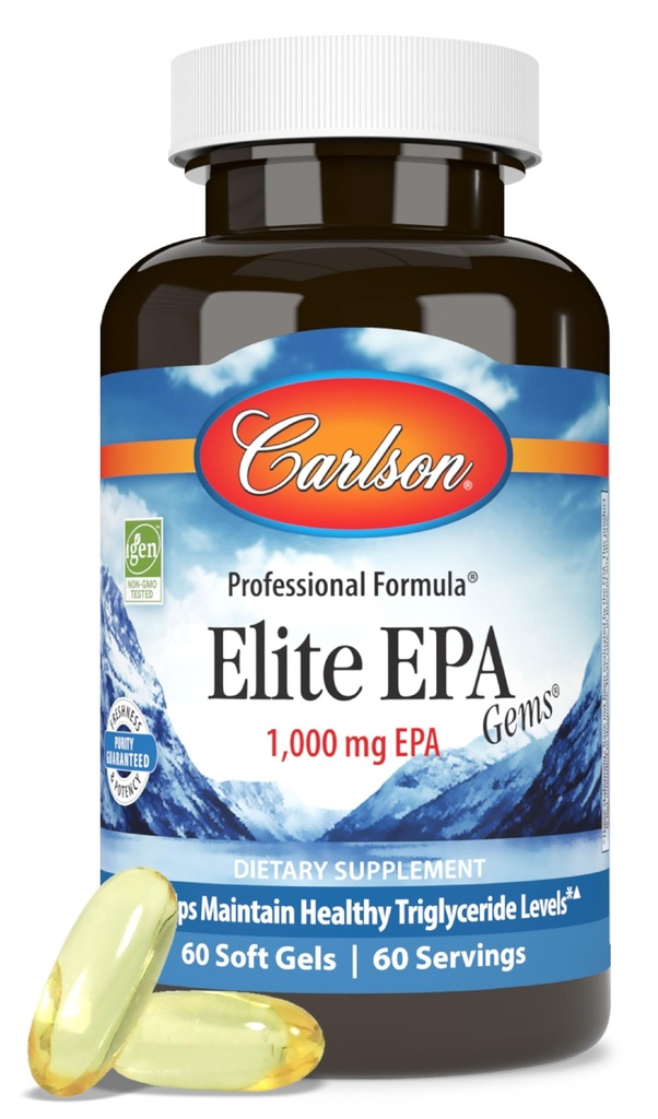 Carlson - Elite EPA Gems, 1000 mg EPA Huile de poisson, Wild-Caught, supplément d'huile de poisson norvégien, source durable, aide à maintenir des niveaux de triglycérides sains, 60 Softgels
