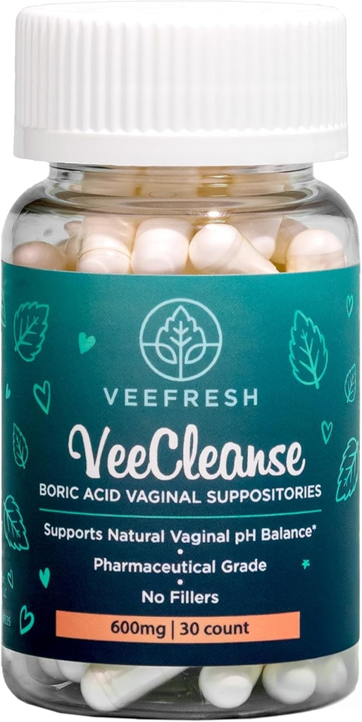 VeeFresh - VeeCleanse Boric Acid Vaginal Suppositories - Vaginal pH Balance Suppositories - Vaginal Odor Control - Feel Fresh, Feminine and Confident