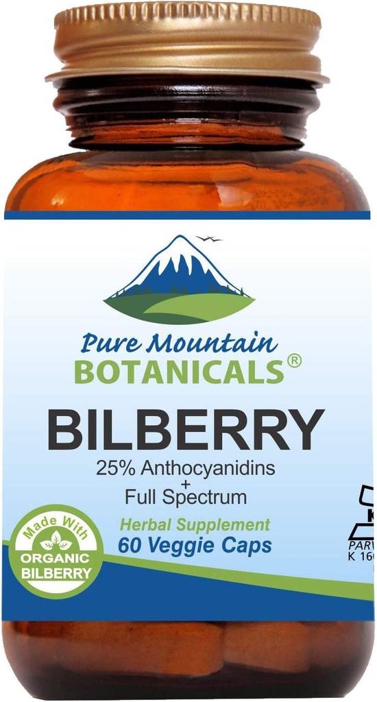 Pure Mountain Botanicals Supplément d'extrait de baies de Bil Capsules de casher végétalien avec 250mg Feuille de baies de Bil et 50mg Extrait de potent de baies de Bill